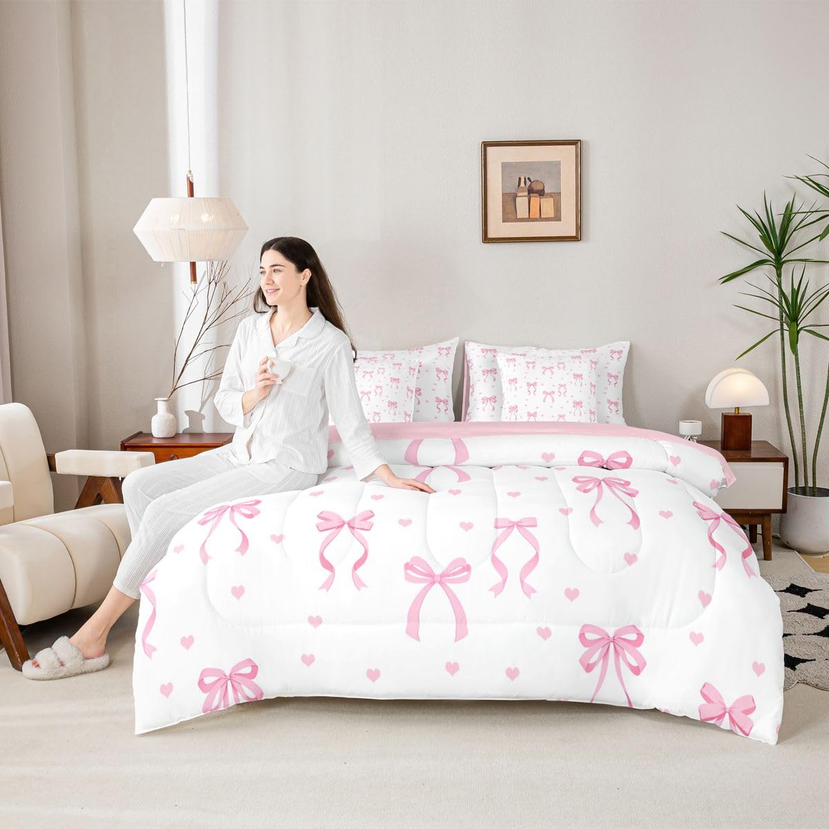 Erosebridal Cute Pink Bow Full Comforter Set 7 Pieces,Ribbon Bow Knot Bed in A Bag,Girly Pink Bows Bedding Set with Comforters, Sheets, Pillowcases Princess Bowknot Bedroom Decor