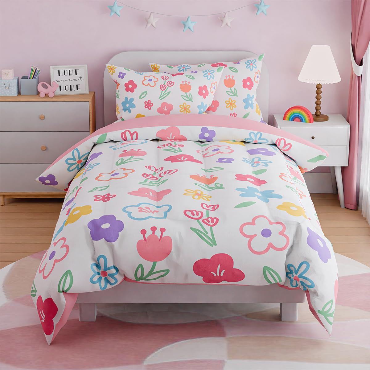 SANDJEST Floral Twin Bedding Sets for Girl, Ultra Soft Microfiber Comforter Bed Set with 3-Pieces, Flower Comforters Sets for Kids Children Girl Teen Tween Bedroom Decor