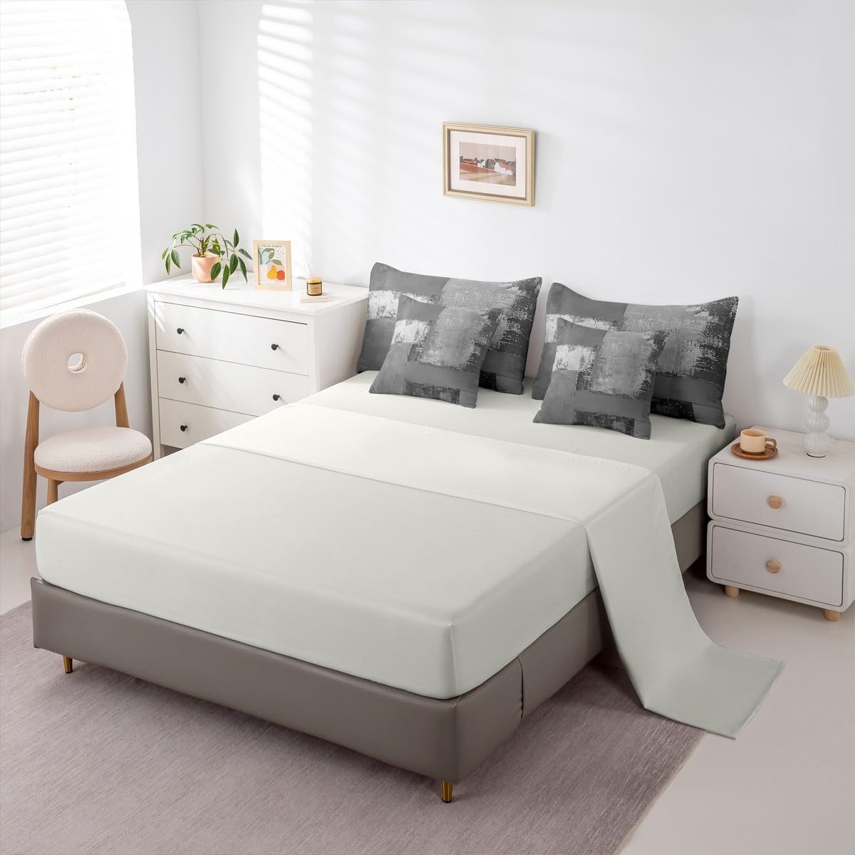Feelyou Abstract Comforter Set with Sheets 7 Piece King Size Modern Abstract Art Bed in a Bag Kids Boys Girls Luxury Bedding Set Geometric Bedroom Decor Gray Breathable Soft Lightweight Microfiber