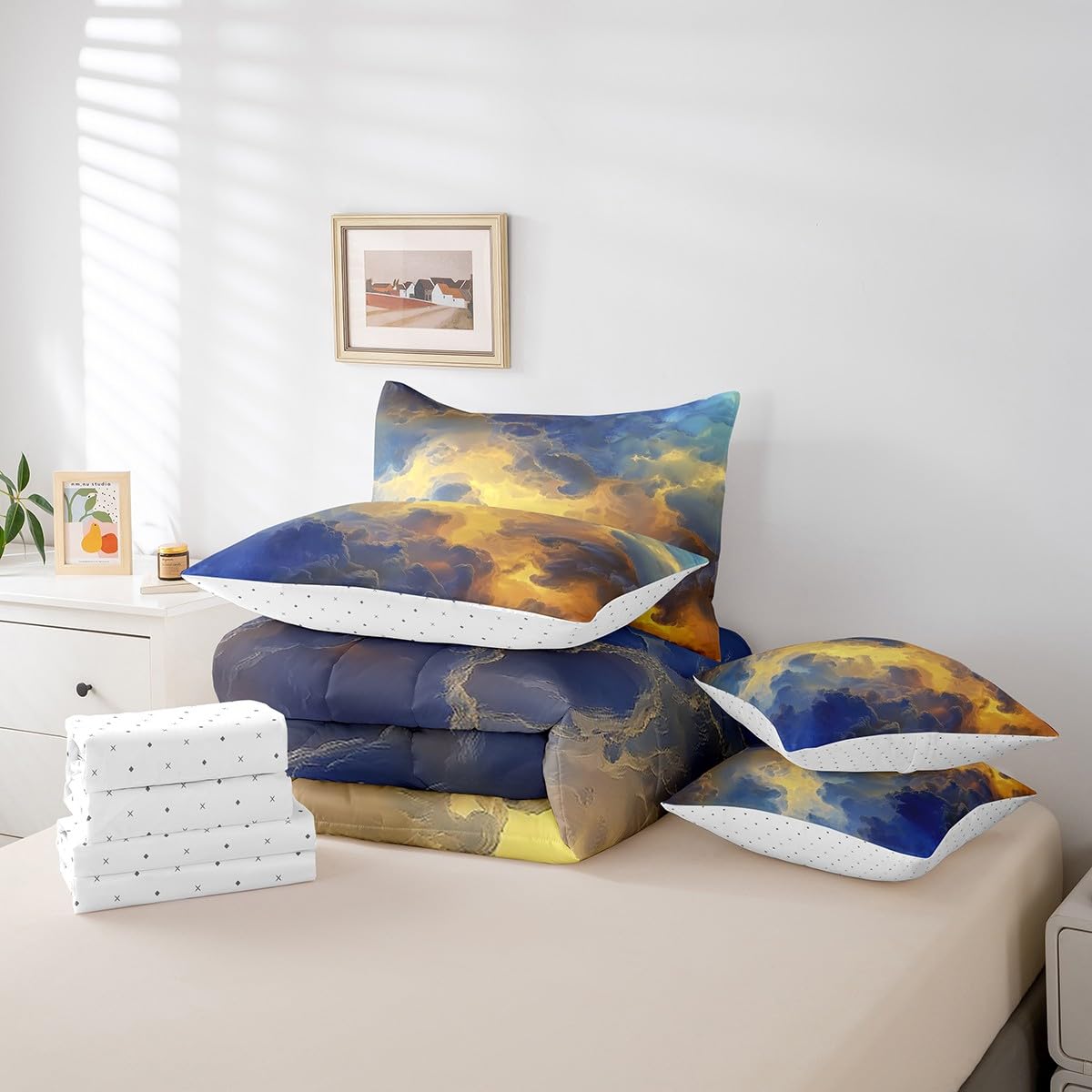 Erosebridal Beauty Weather Nature Comforter Set Full Size,Oil Painting Clouds Bedding Set for Kids Teens,Sunscape (Comforter+Fitted+Flat Sheet+2 Pillowcases+2 Throw Pillow Covers) 7 Pieces Bed Set
