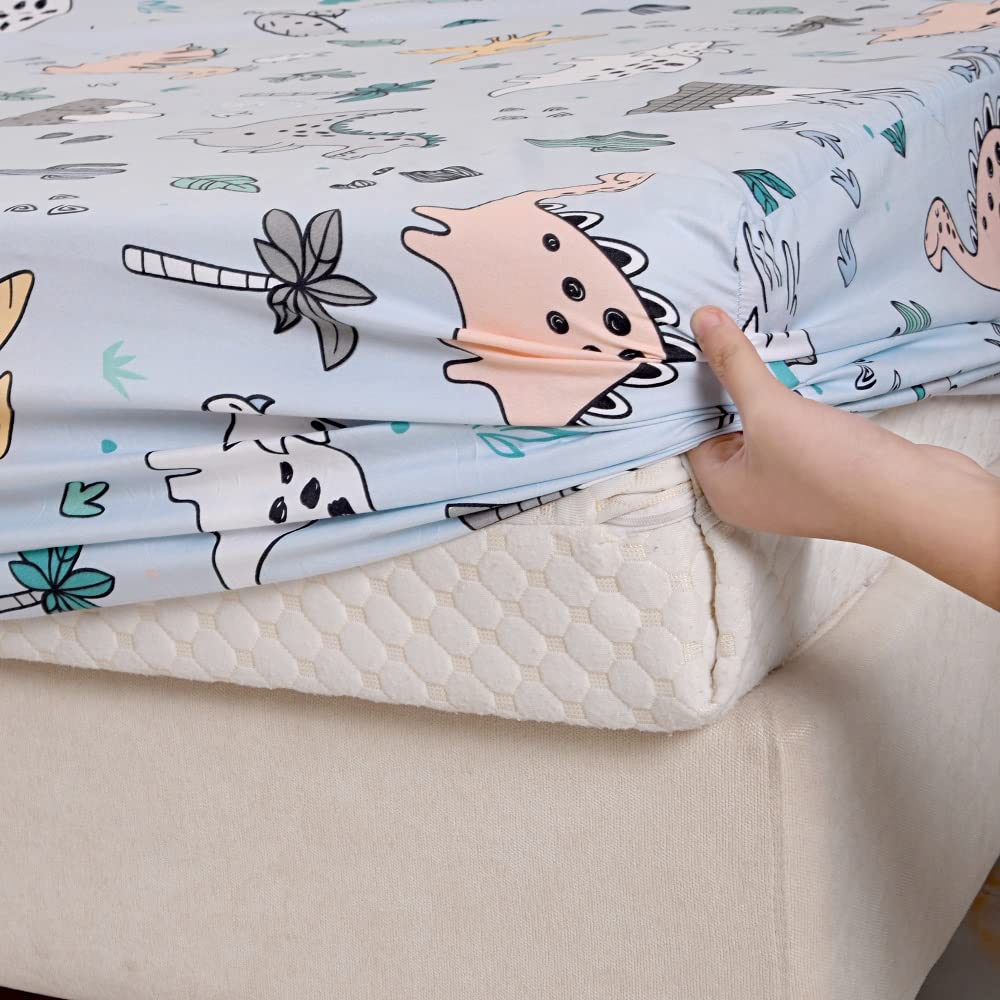 KWLOVER 2PC Soft Dino Pattern Bed Fitted Sheet and Pillowcases Set,Dinosaur Printed Sheets for Kids Full Size Bed