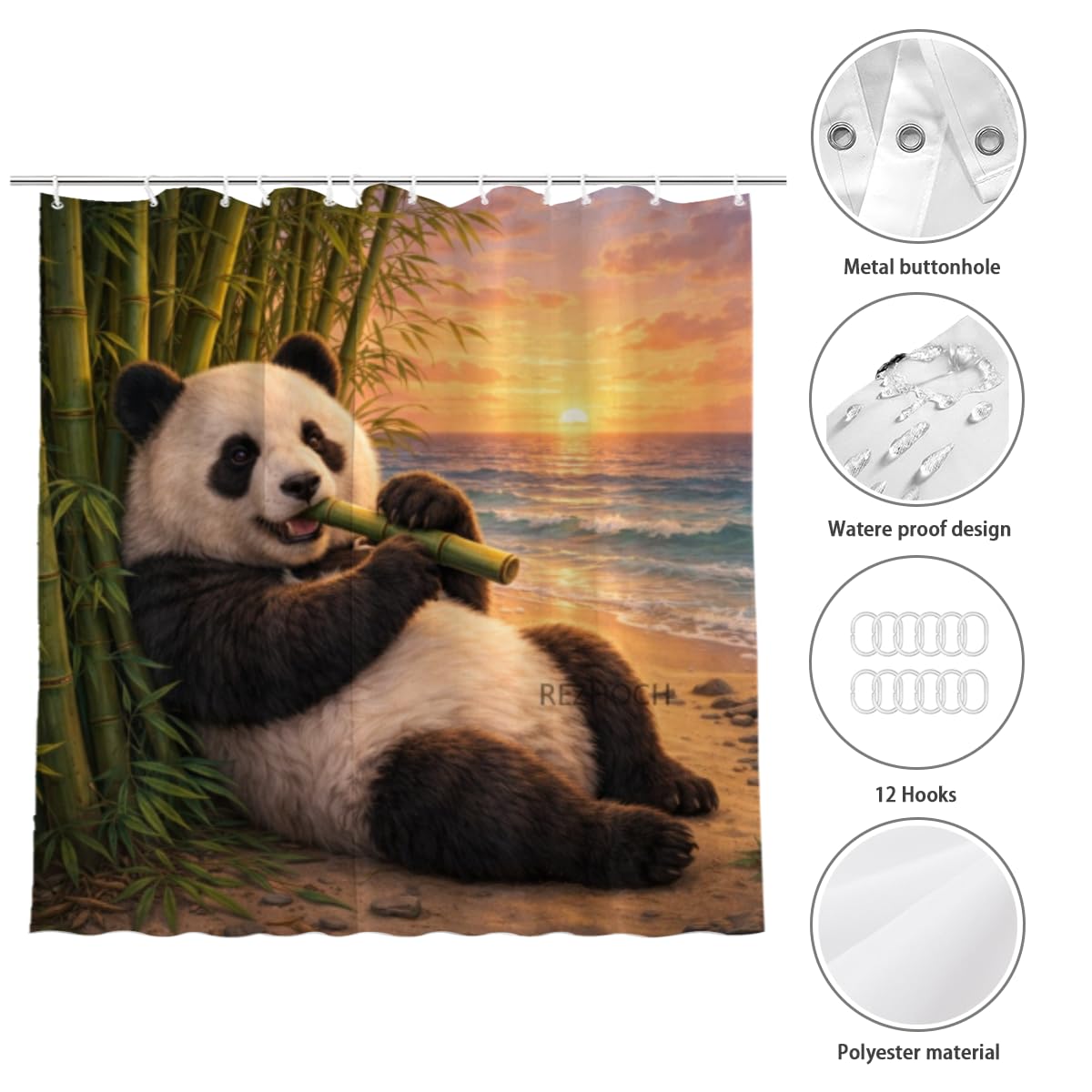 REZHOCH Coastal Funny Panda Shower Curtain 72x72 Inch,Cute Animal Sunset Beach Flowers Ocean Seaside Home Bathroom Decor Fabric Waterproof Bath Bathtub Set with 12 Hooks
