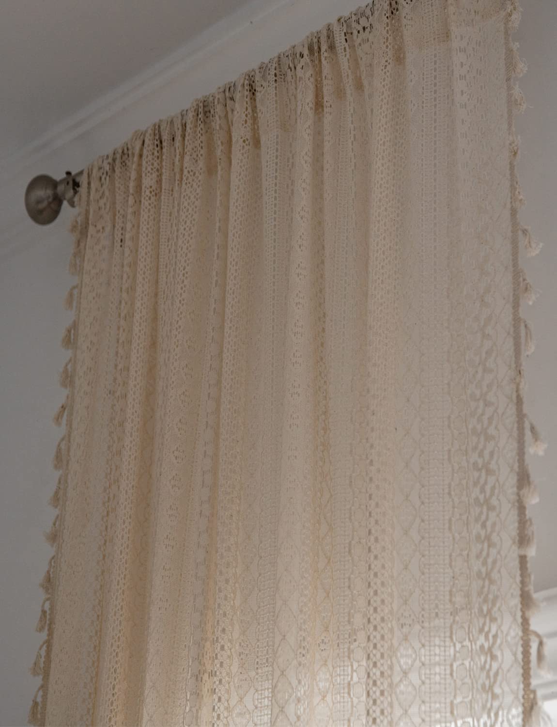 Colorigan Boho Curtains for Living Room Bedroom, 84 inch Length 2 Panels Set Cotton Linen Semi Sheer Farmhouse Window Curtains with Tassels & Rod Pocket, Beige Lace Crochet Rustic Long Curtain Drapes