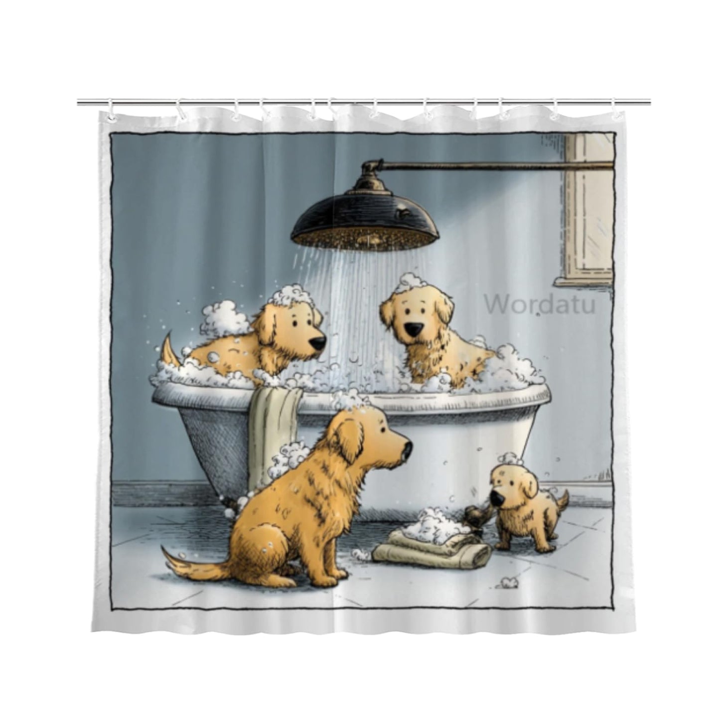Wordatu Shower Curtain Funny Golden Retriever Cute Girls Boys Animal Paw Print Bones Kawaii Cartoon Colorful Pets Art Unique Bathroom 72x72 Inch Polyester Fabric 12 Hooks