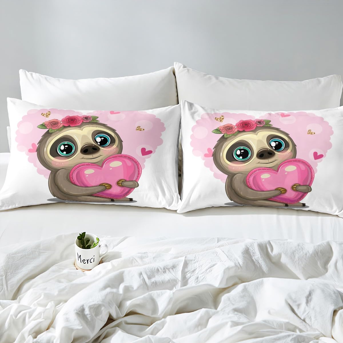 Kids Cute Sloth Fitted Sheet Cartoon Sloth Printed Bedding Set for Boys Girls Children Flowers Pink Heart Bed Sheet Set Lovely 3D Animal Theme Bed Cover Room Decor Twin Size 2Pcs