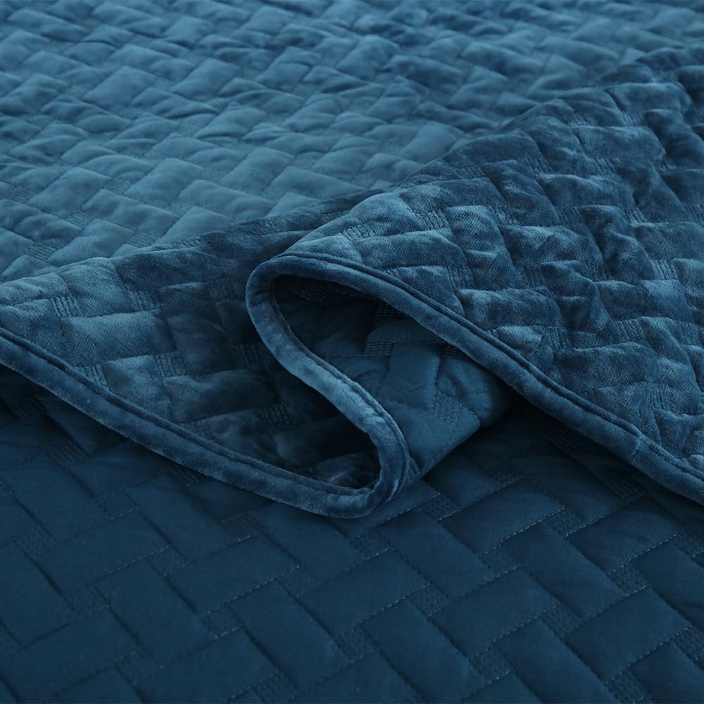 Liians Velvet Bedspread Quilt Bedding Sets,Luxury Elegant Ultra Soft Velvet Comforters Coverlet Blankets,Weave Stitching Pattern Cotton Quilted Bedspread for All Seasons,Azure Blue,King Size