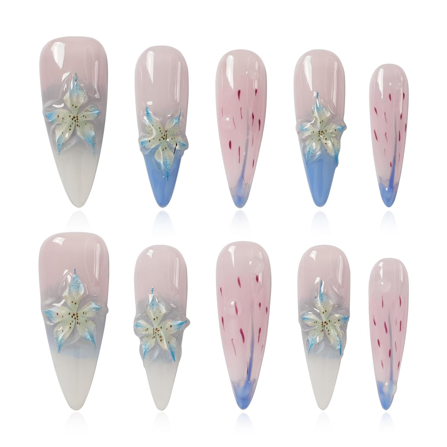Tesytto 3D Floral Press On Nails Long Stiletto Fake Nails – Elegant Handmade Ombre Nail Art with Lilies Flowers Designs, Multi-Layer Gel Reusable Acrylic Nails for Women (3D Lily Ombre, M)