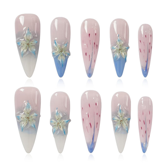 Tesytto 3D Floral Press On Nails Long Stiletto Fake Nails – Elegant Handmade Ombre Nail Art with Lilies Flowers Designs, Multi-Layer Gel Reusable Acrylic Nails for Women (3D Lily Ombre, M)