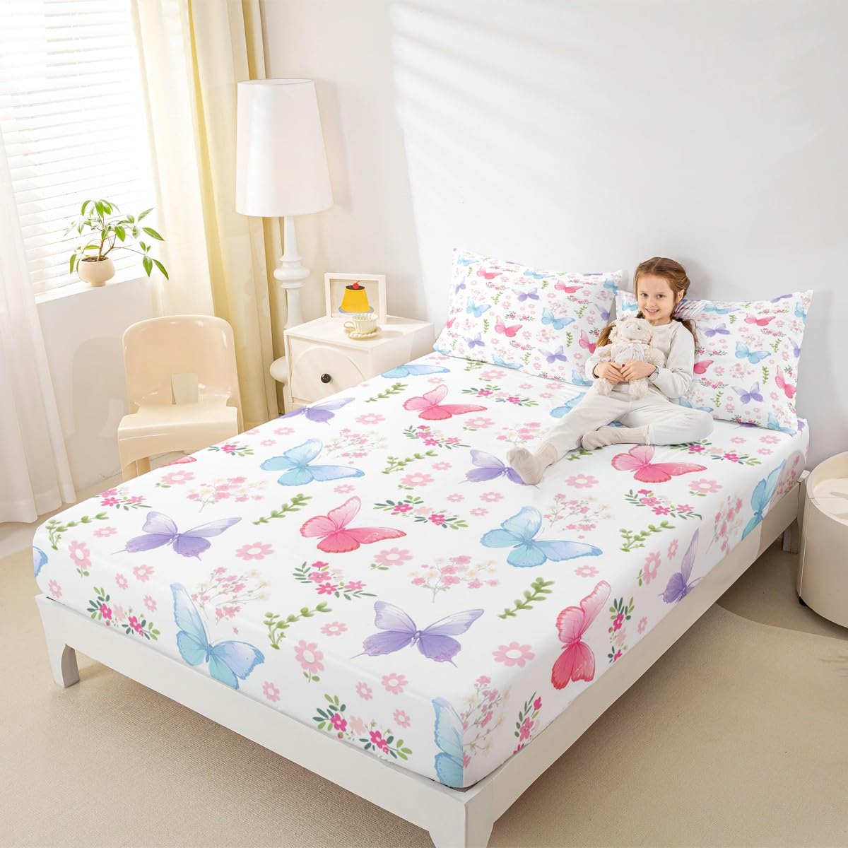 Feelyou Pink Butterfly Fitted Sheet with 1 Pillowcase Twin Size Garden Bed Sheets Set 16" Deep Pocket Boys Girls Purple Blue Butterflies Print Bedding Kawaii Pink Floral Teens Bedroom Decor
