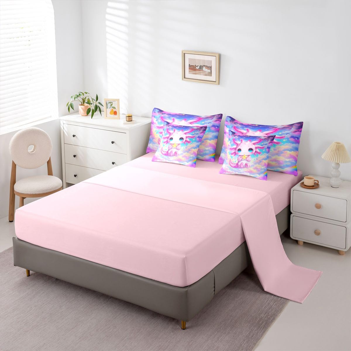 Erosebridal Kids Rainbow Axolotl Queen Bedding Set Girls Cute Axolotl Comforter Set with Flat and Fitted Sheet Rainbow Dreamy Stars Clouds 7-Piece Bed in a Bag Colorful Space Sky Quilt Sets