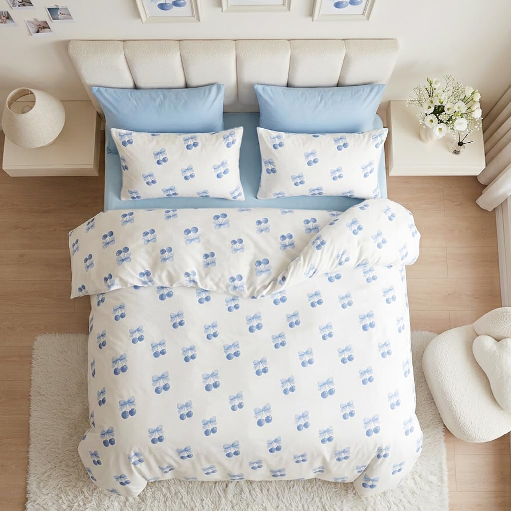 Sedefen Blue Cherry Duvet Cover Set, Light Blue Bow Bedding Set for Kids Boys Girls, Cute Cherry Soft Microfiber Reversible Duvet Cover for All Seasons