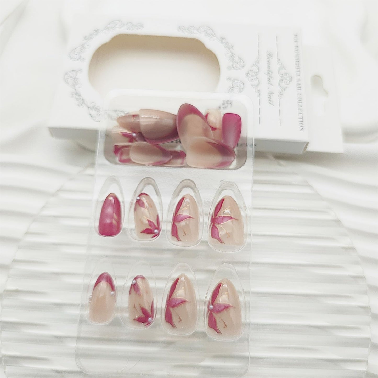 Short Press on Nails Almond Flower Red Cat Eye Acrylic Fake Nails with 3D Pearls Gold Leaf Floral Design Full Cover Reusable French Tip Glue on False Nail for Women 24 Pcs