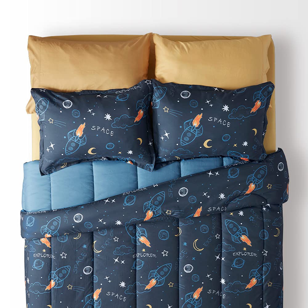 SLEEP ZONE Kids Twin Bedding Comforter Set - Super Cute & Soft Kids Bedding Bed in a Bag Pieces Set with Comforter, Sheet, Pillowcase & Sham (Space Rocket)