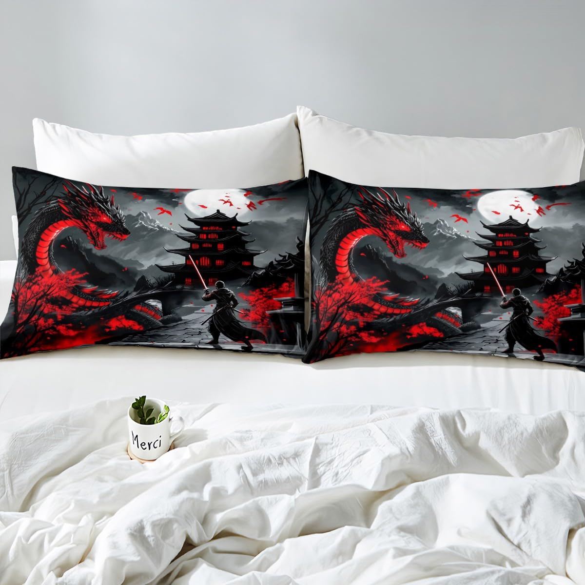Erosebridal Dragon Bedding Set Full Size, Japanese Style Comforter Set for Teens Youth Adult Men Room, Ancient Animal Quilt, Retro Wildlife Ukiyo-E Down Comforter, Black Grey Red