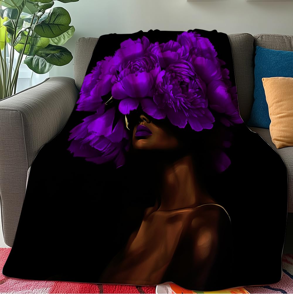 HUNXIAOJ African American Throw Blanket Black Girls Print Blanket African American Gifts for Women Warm Soft Flannel for Girls Boys Women Teens Adults Bed Sofa Couch (50 in x 60 in)