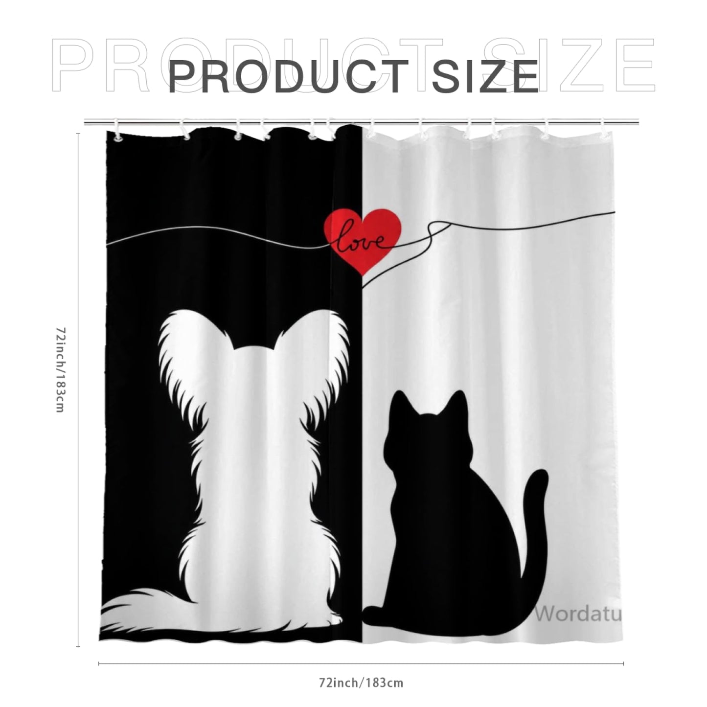 Wordatu Cute Cat and Heart Papillon Shower Curtain, Funny Animal Polyester Shower Curtains for Bathroom,Waterproof Fabric Bath Decor with Plastic Hooks 72x72 in