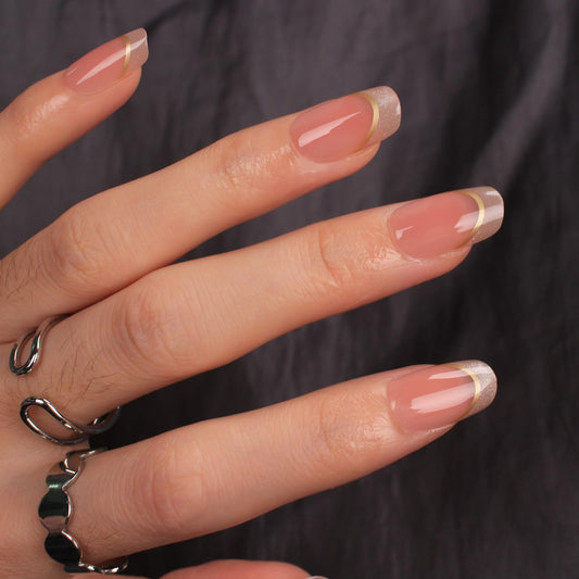 Short Almond Press On Nails Nude Glitter French Tips with Gold Outline, Glossy Acrylic Fake Nails, Reusable Stick On Nails Kit with for Women, Elegant Shimmery Manicure Set