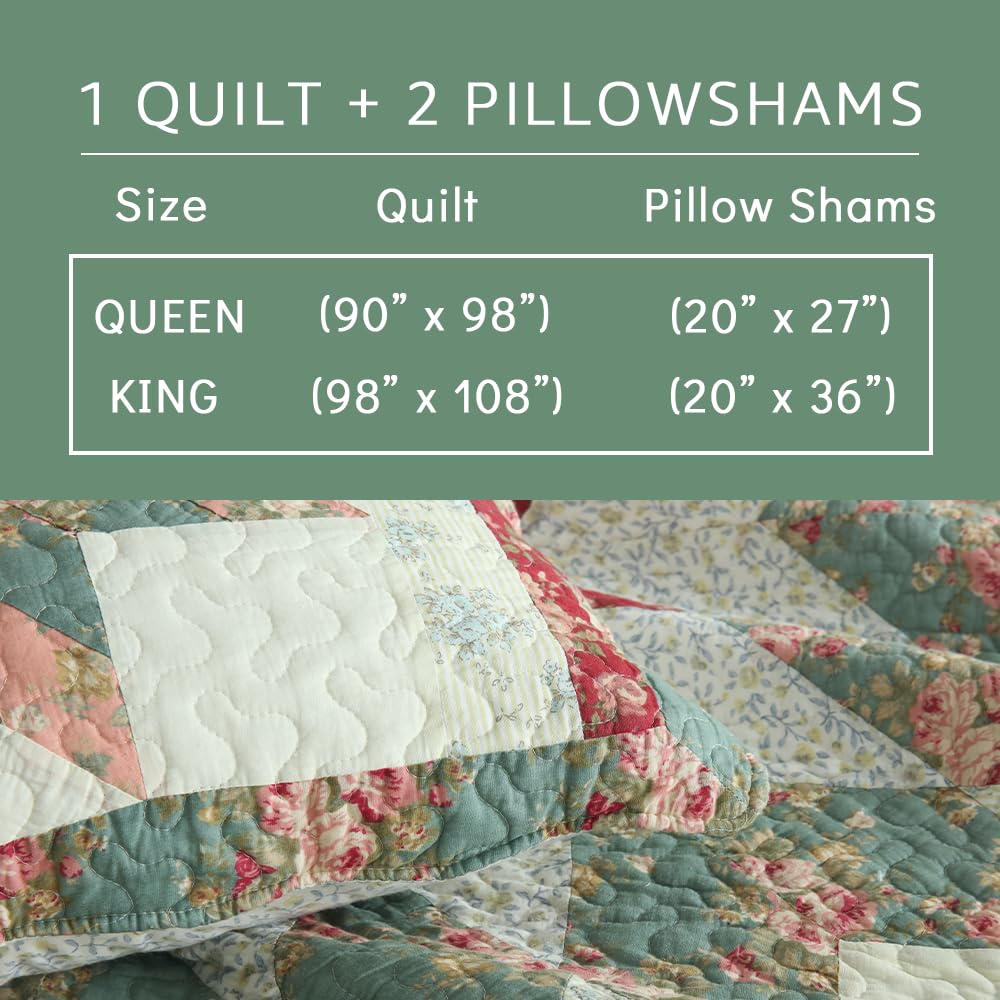 camandy Cotton Bedspread Quilt Bedding Sets, 3 Pieces Reversible Coverlets Comforters Star with Red Floral Real Patchwork Bedspread,Queen Size
