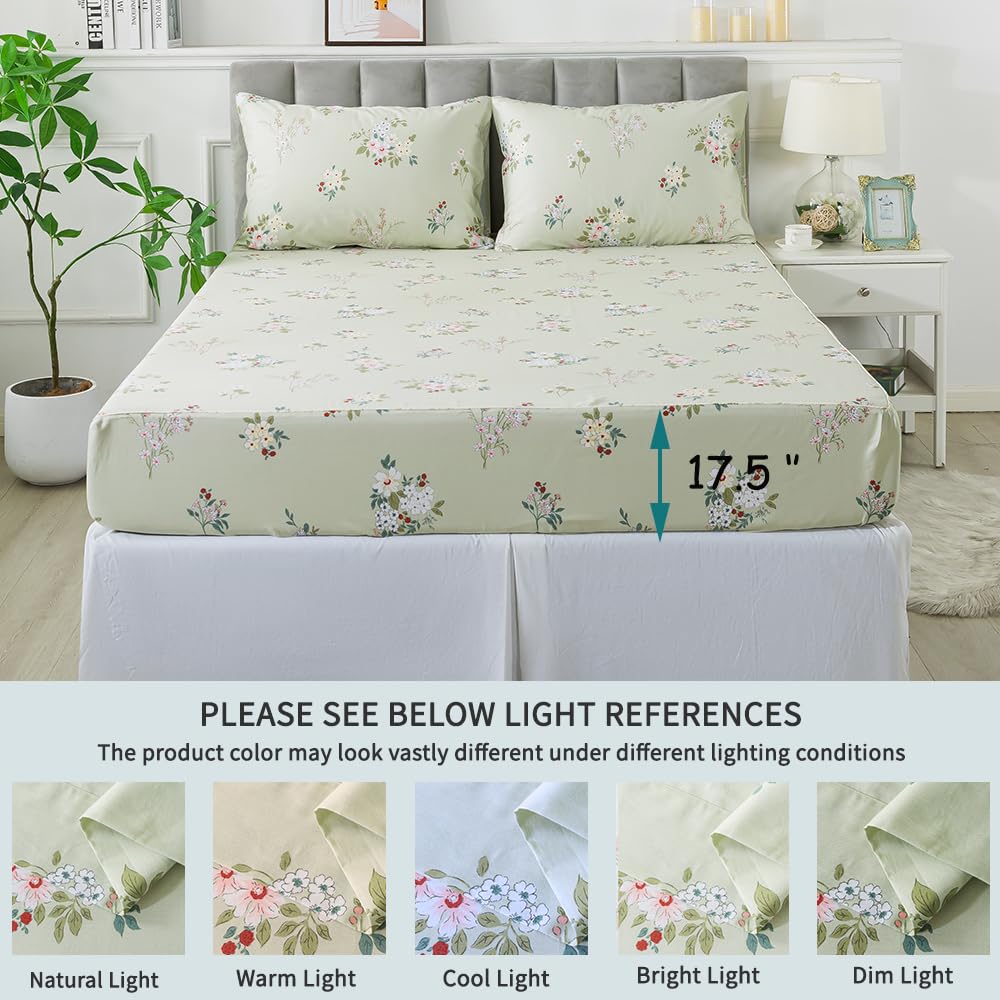 FADFAY Queen Sheet Set Floral Bed Sheets Percale Cotton Botanical Deep Pocket Sheets Sage Green Flower Printed Luxury Bedding Super Soft Breathable for Queen Size Bed 4 Pcs