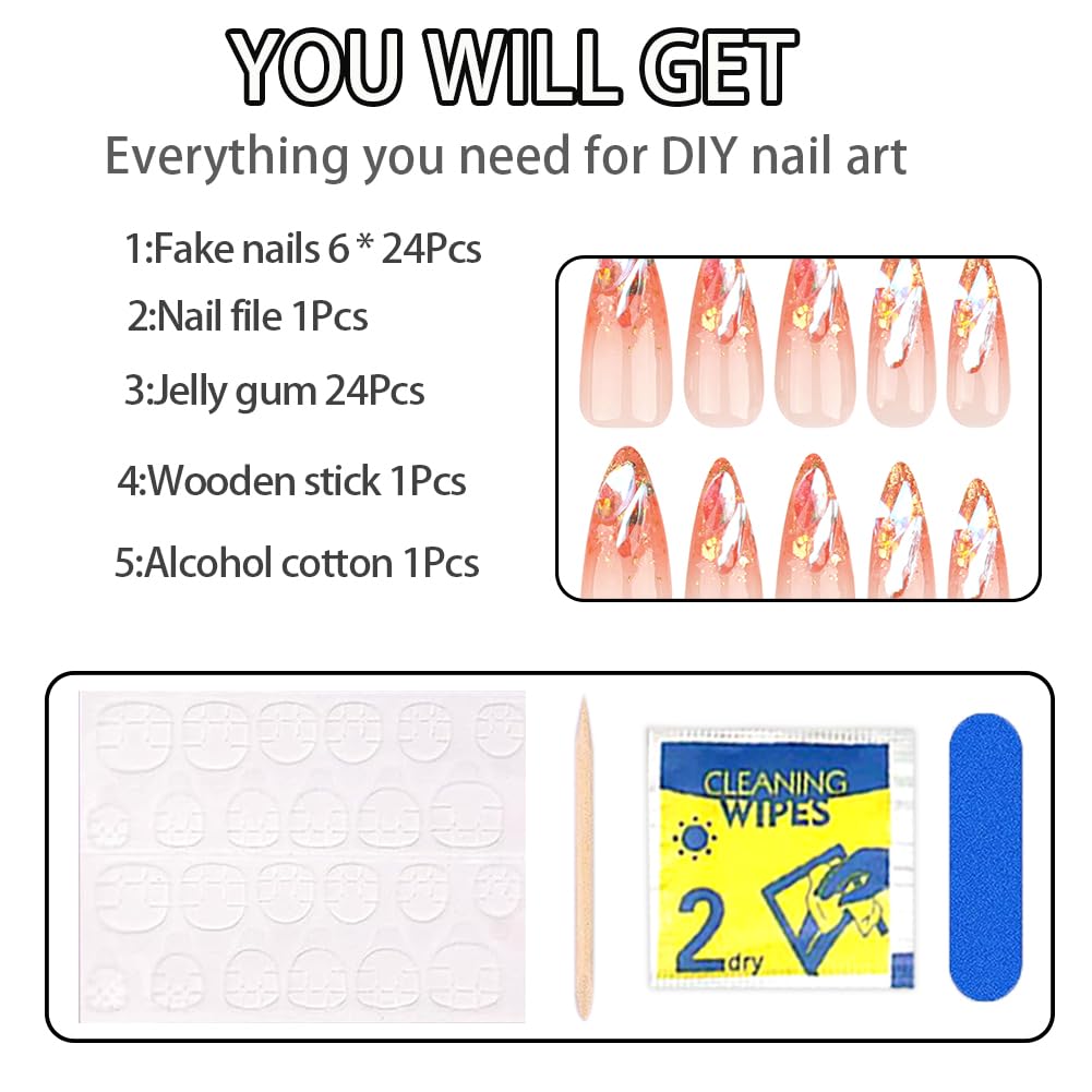 Hrnsnails Nail Press ons, Almond Press On Nails Medium Length Girls Fake Nails with Gold Glitter French Tip Aurora Diamond Design, Acrylic Artificial False Nails Press On Stick On Nails for Women
