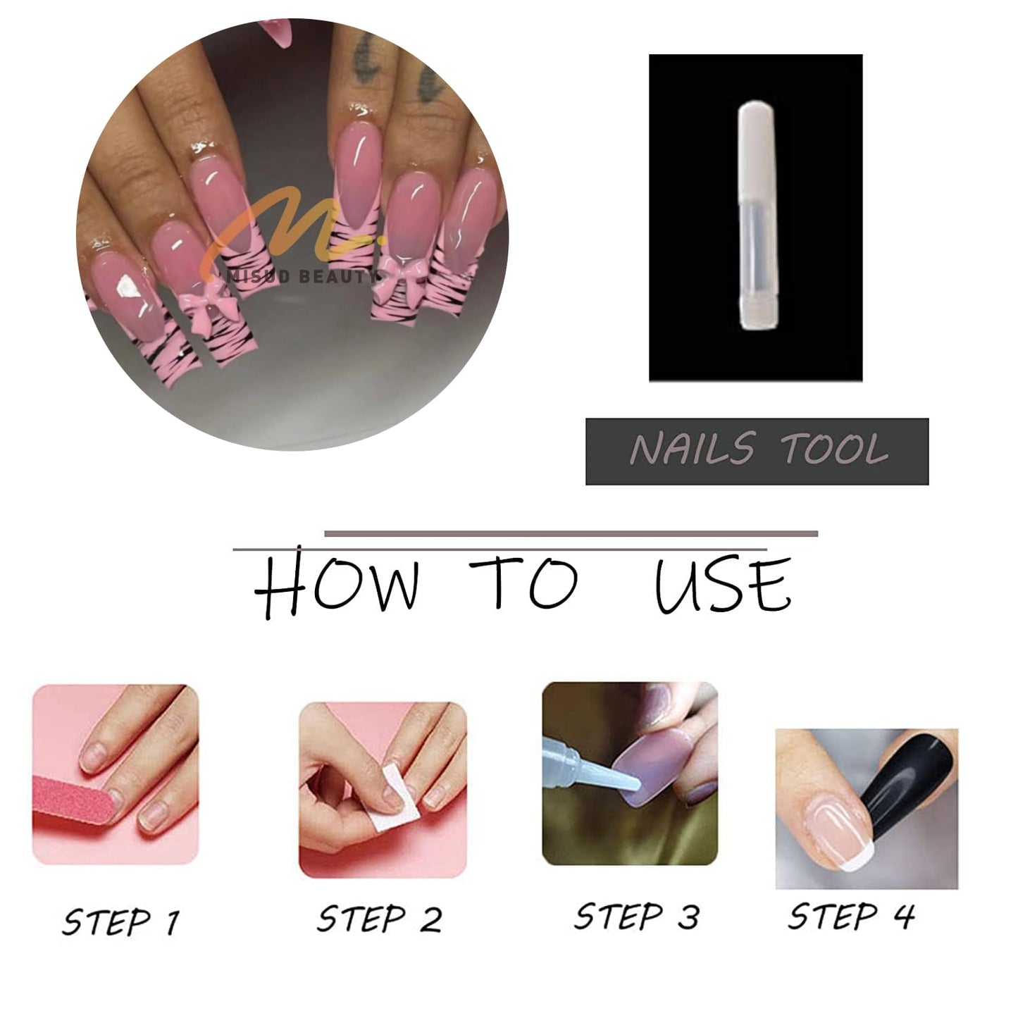 MISUD Press on Nails - Long Square Fake Nails with Zebra French Tip, Acrylic Pink Bow Design 24 pcs