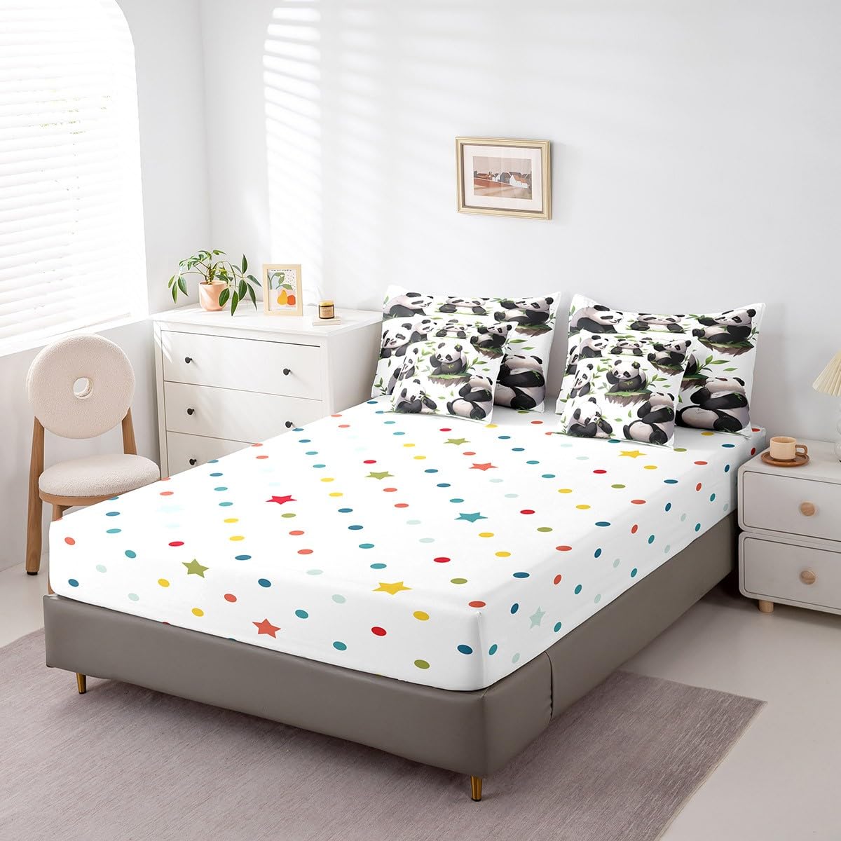 Erosebridal Kawaii Panda Bedding Set King Size, Lovely Animal Theme Comforter Set, Wildlife Cute Panda Kids Teens (Comforter+Fitted+Flat Sheet+2 Pillowcases+2 Throw Pillow Covers) 7 Pieces Bed Set