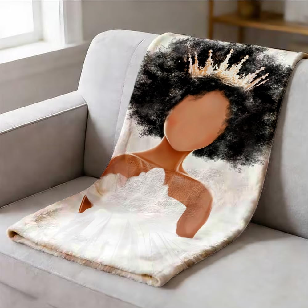 ZHOUSHUTONG Black Woman Crown Throw Blanket African Queen Flannel Blankets Golden Crown Plush Throw Black Girl Empowering Print Throws for Living Room Bedroom Lounging Home Decor 49"x59"