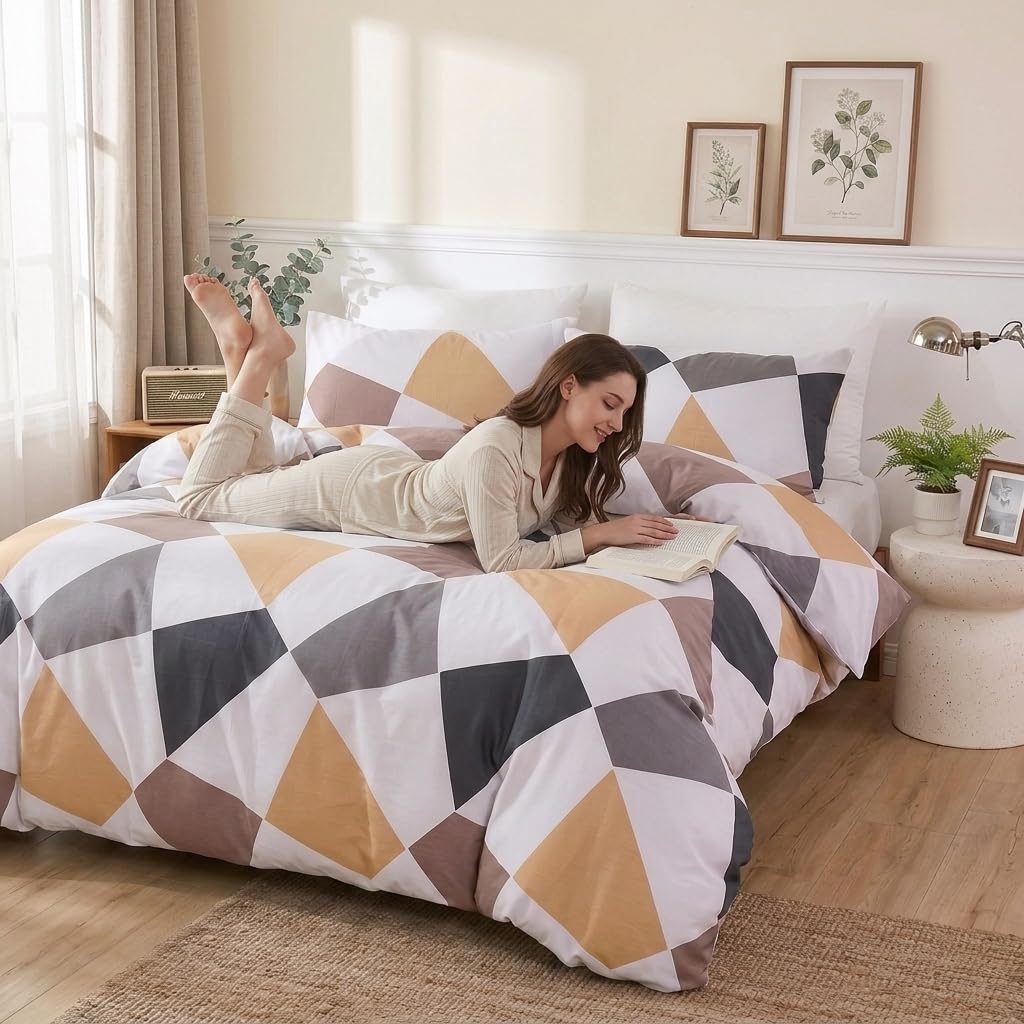Cozaline 100% Cotton Duvet Cover Set King – Yellow Grey Nordic Triangle Bedding Set 3 Pieces, Light Reversible Comforter Cover with Zipper Closure, Minimalist Geometric Abstract Bed Set