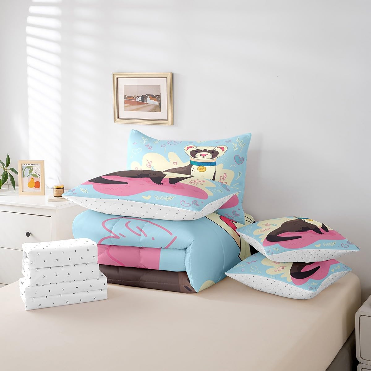 Erosebridal Ferret Comforter Set 7 Piece Bed in a Bag Twin,Cartoon Wildlife Pet Minks Weasel Animal Bedding Sets Kawaii Wild Animals Sheet Set with Comforter