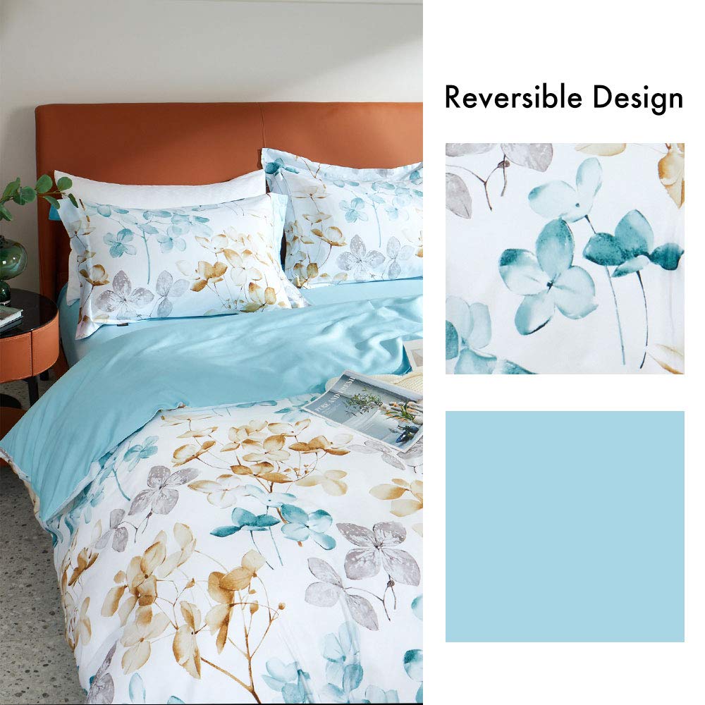MILDLY 100% Long Staple Cotton Duvet Cover Set Blue Gold Grey Leaves Printed Comforter Cover Set Watercolor Plant