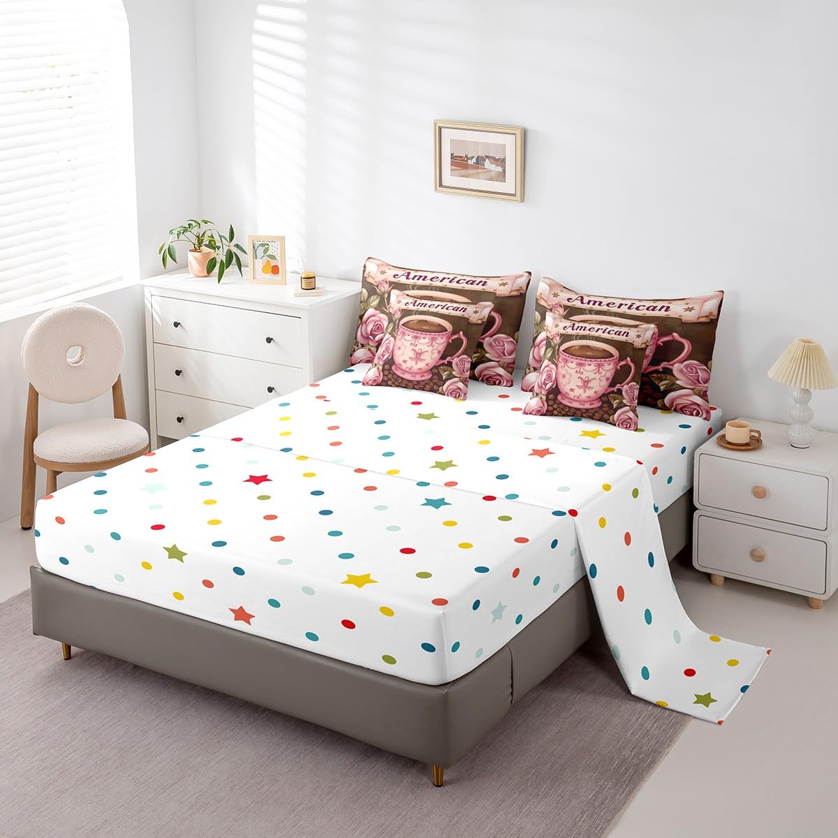 Erosebridal American Coffee Comforter Set Full Size,Oil Painting Rose Bedding Set for Kids Teens,Coffee Bean (Comforter+Fitted+Flat Sheet+2 Pillowcases+2 Throw Pillow Covers) 7 Pieces Bed Set