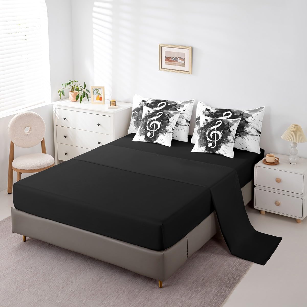 Feelyou Music Comforter Set with Sheets Queen Size Guitar Instruments Bed in a Bag for Boys Girls Teens Black White 7 Pieces Bedding Set Soft Lightweight Microfiber