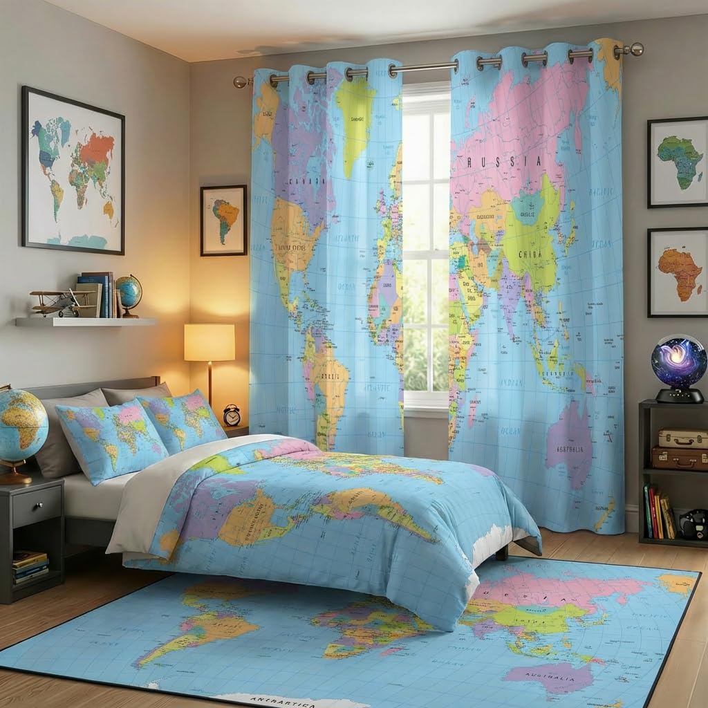 terxgrl World Map Blackout Curtains for Bedroom Living Room, Colorful Educational Geography Political Map Window Drapes for Youth Playroom Study Room, 42 x 45 Inch
