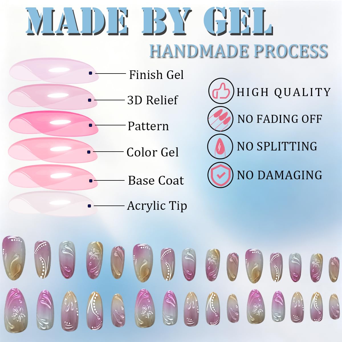 3D Press On Nails Almond Medium Light Pink Fake Nails with Cat's Eye Glossy Embossed Floral Vines High-end Designs, Acrylic Artificial Nail Press ons False Stick On Nails for Women Girls 30Pcs