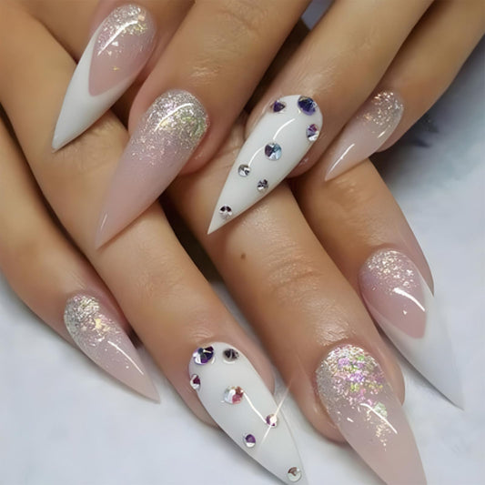 SINHOT Rhinestones Long Stiletto Fake Nails - Glossy Glue on White French Tip Acrylic Pink Almond Artificial Sparkly Glitter Stick on False Nails with Design 24 pcs