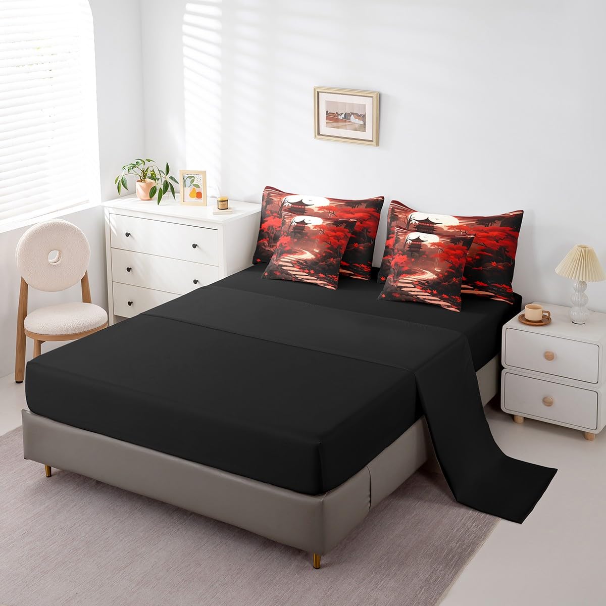 Erosebridal Oriental Theme Queen Comforter Set 7 Piece,Japanese Style Bedding Set with Sheets,Traditional Aesthetic Bed Set Red and Black Bed in a Bag with Fitted Sheet+Flat Sheet,Pillowcases