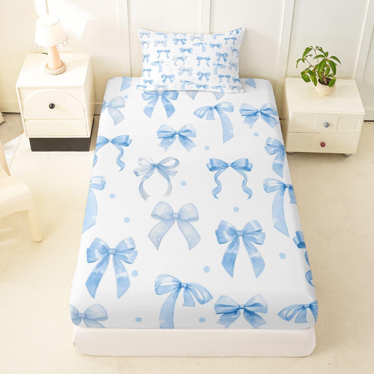 jejeloiu White Blue Bow Fitted Sheet Twin Size for Kids Boys Girls Dreamy Princess Bowknot Bed Sheets Set 16" Deep Pocket Kawaii Ribbon Bow Knot Bedding with 1 Pillowcase Room Decor