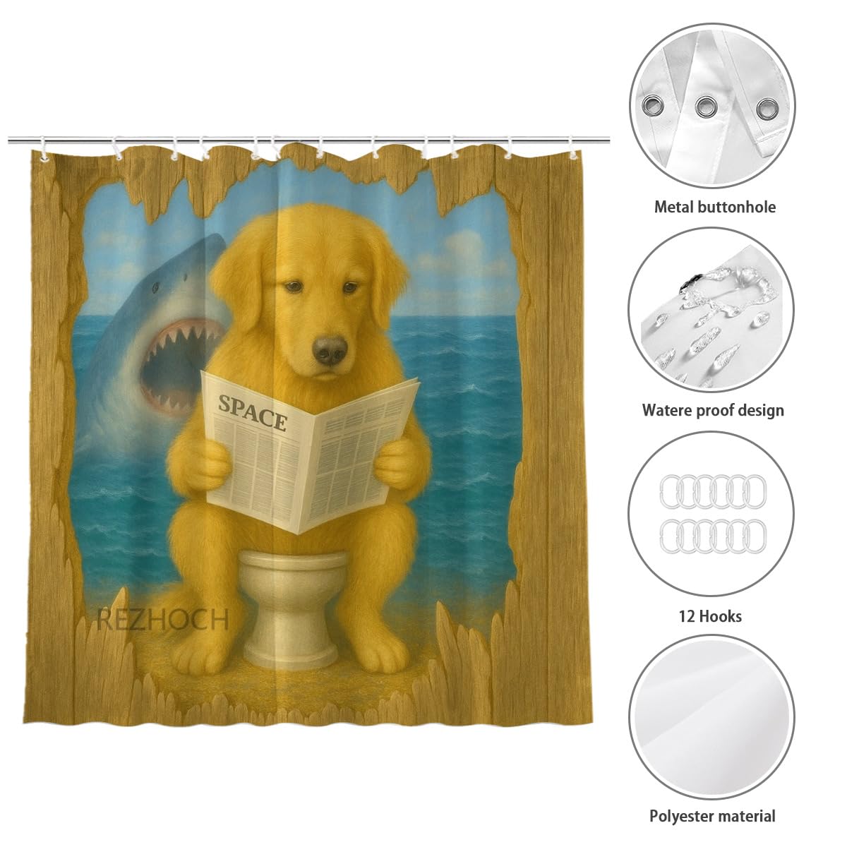 REZHOCH Golden Retriever Sitting on Toilet Reading Newspaper Shark Shower Curtain Durable Waterproof Fabric Bathtub Sets Funny Animal Home Bathroom Decoration 72x72inch with 12 Hooks