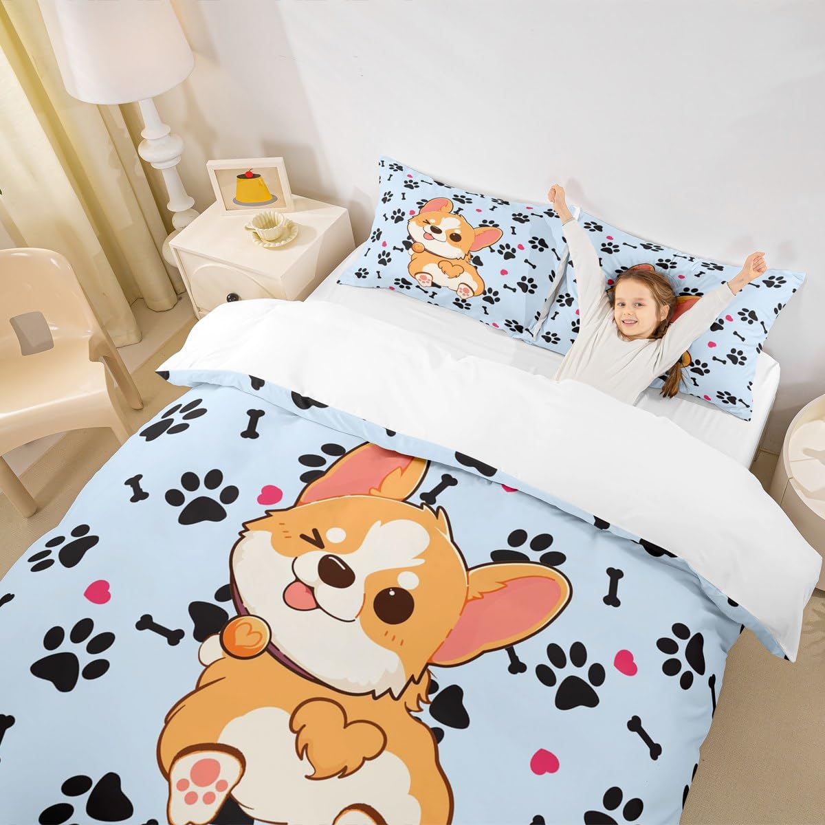 Cute Corgi Duvet Cover Set King Size,Cartoon Dog Footprint Bones Bedding Set 3pcs for Kids Boys Girls Room Decor,Smiling Doggy Comforter Cover Family Paw Quilt Cover with 2 Pillowcases,Blue