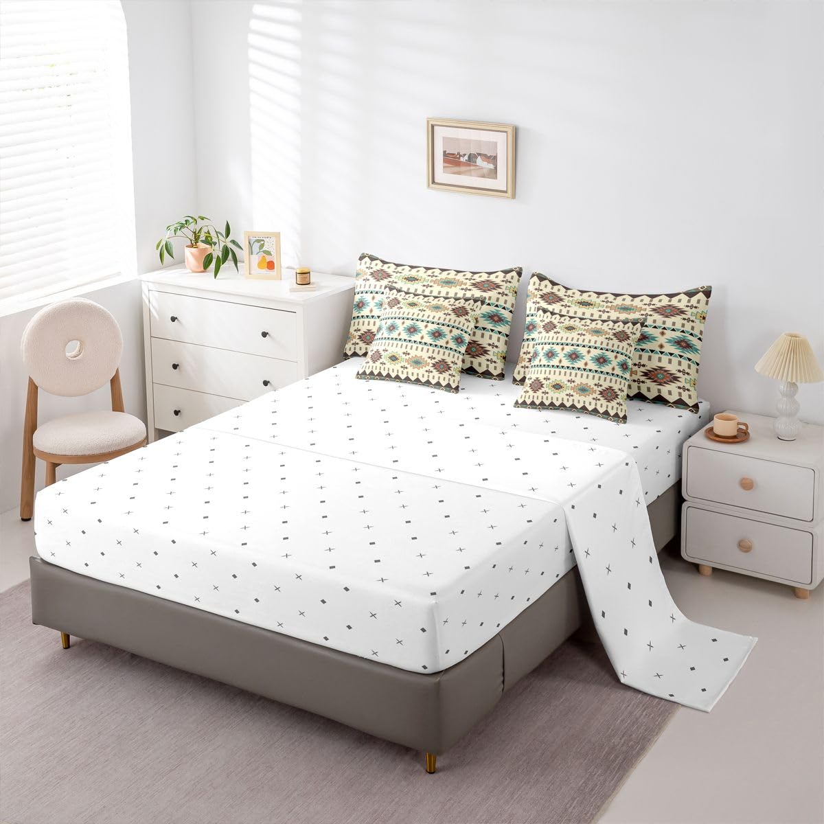 Erosebridal Aztec 7 Piece Bedding Set Queen Mysterious Comforter Set with Sheets Geometric Boho Rustic Farmhouse Bed in a Bag Native American Yellow for Teens Men Women