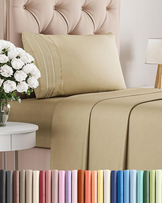 Twin Size 3 Piece Sheet Set - Comfy Breathable & Cooling Sheets - Hotel Luxury Bed Sheets for Women & Men - Deep Pockets, Easy-Fit, Extra Soft and Wrinkle Free Sheets - Beige Oeko-Tex Bed Sheet Set