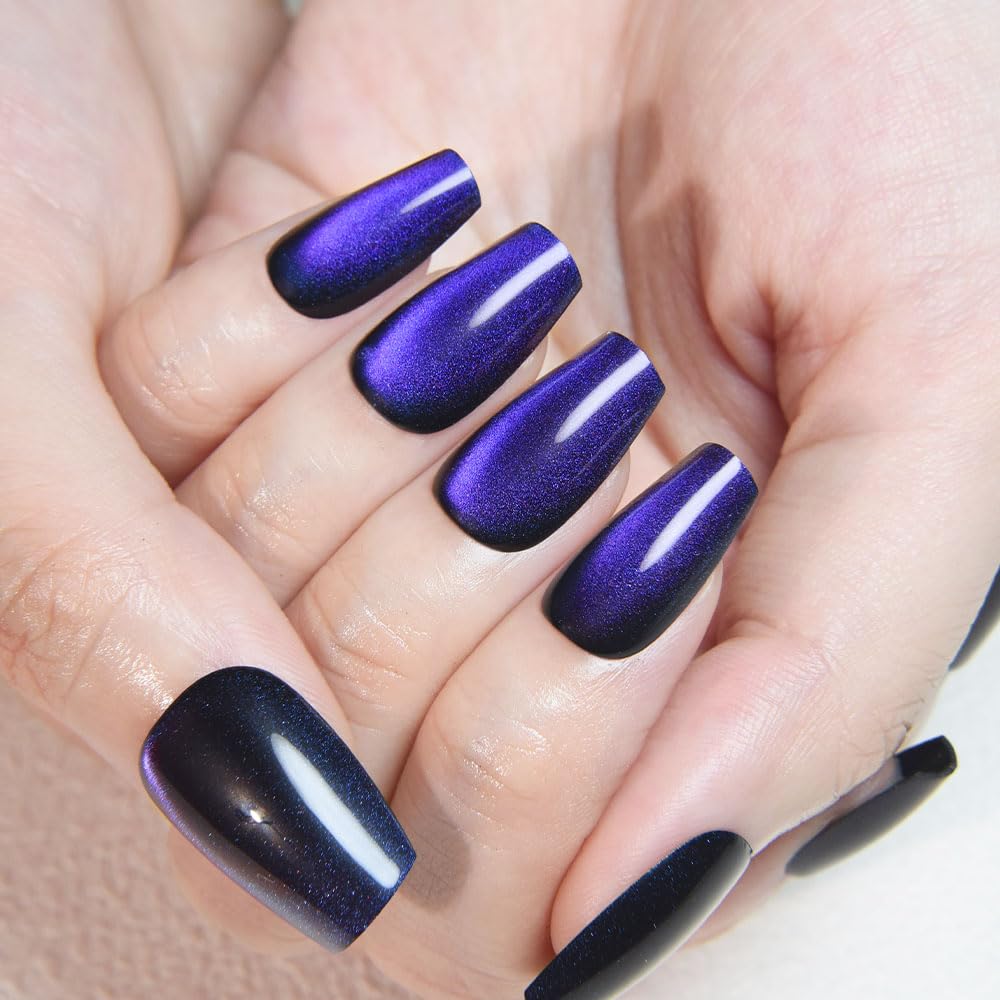 evpct Royal Blue Cat Eye Coffin Press on Nails Medium Square No Glue, Medium Square Stick on Nail for Women, Royal Blue Metallic Glitter Glossy Reusable Soft Press on Acrylic Fake Nails with Designs