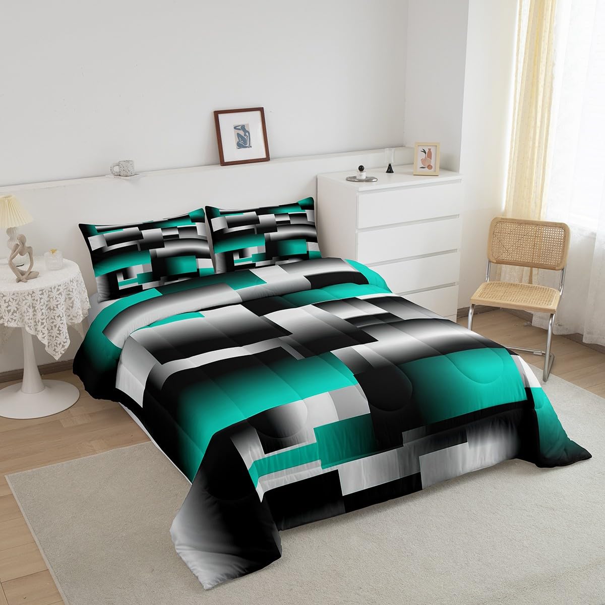 jejeloiu Teal Gray Black Abstract Comforter Set Full Size Modern Geometric Art Comforter Rectangle Room Decorative Bedding Set Quilt Set 3Pcs Duvet Set