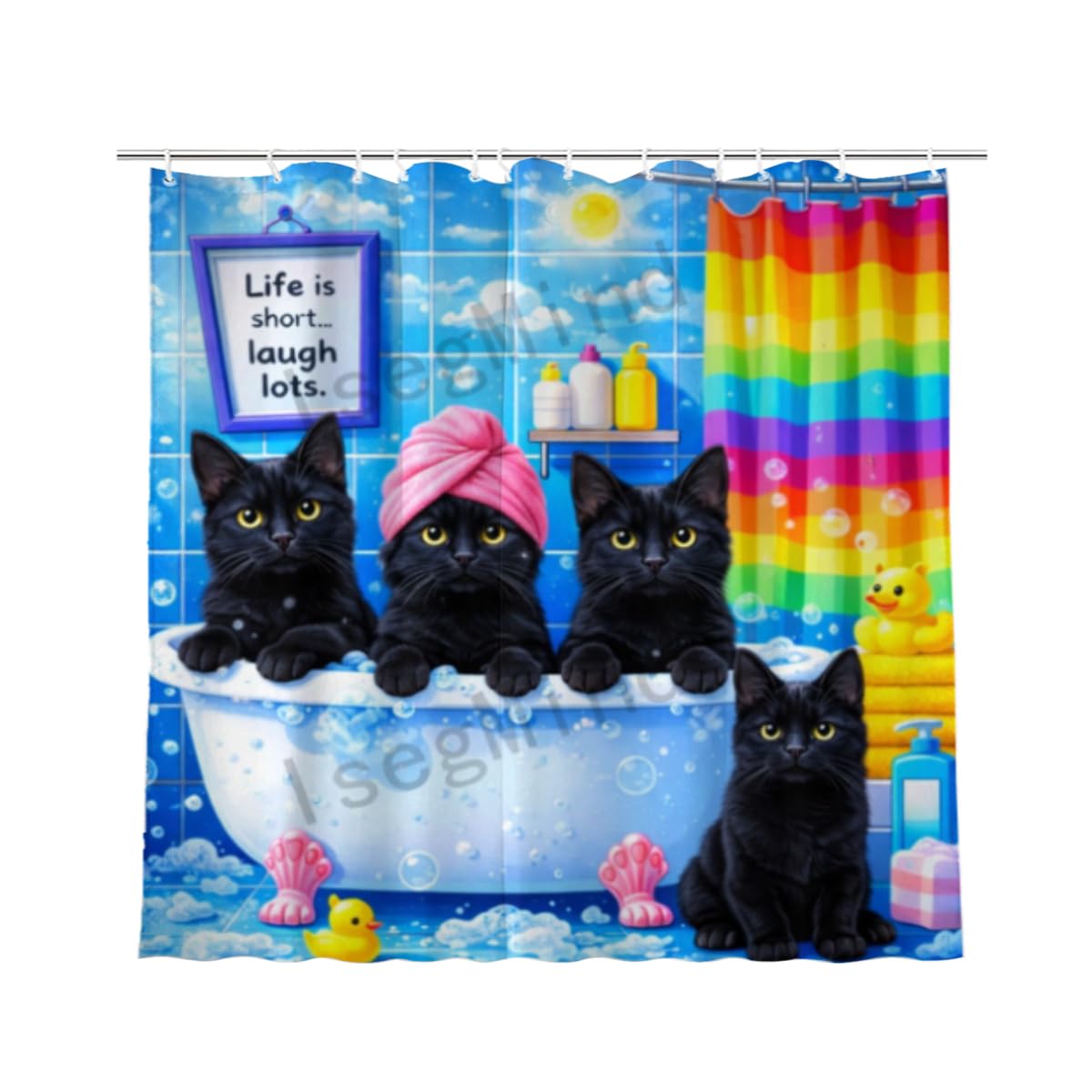 IsegMind Funny Animal Shower Curtain 72x72 Inch, Cute Black Cat Bath Time Scene with Bubbles and Rainbow Bathroom Decor, Playful Cartoon Style Bath Curtain
