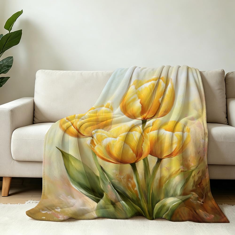 HUNXIAOJ Tulip Blanket Floral Throw Blanket Tulip Gifts for Women Rustic Flower Decor Floral Bedding Warm Soft Flannel for Girl Sofa Couch (49in x 59in)