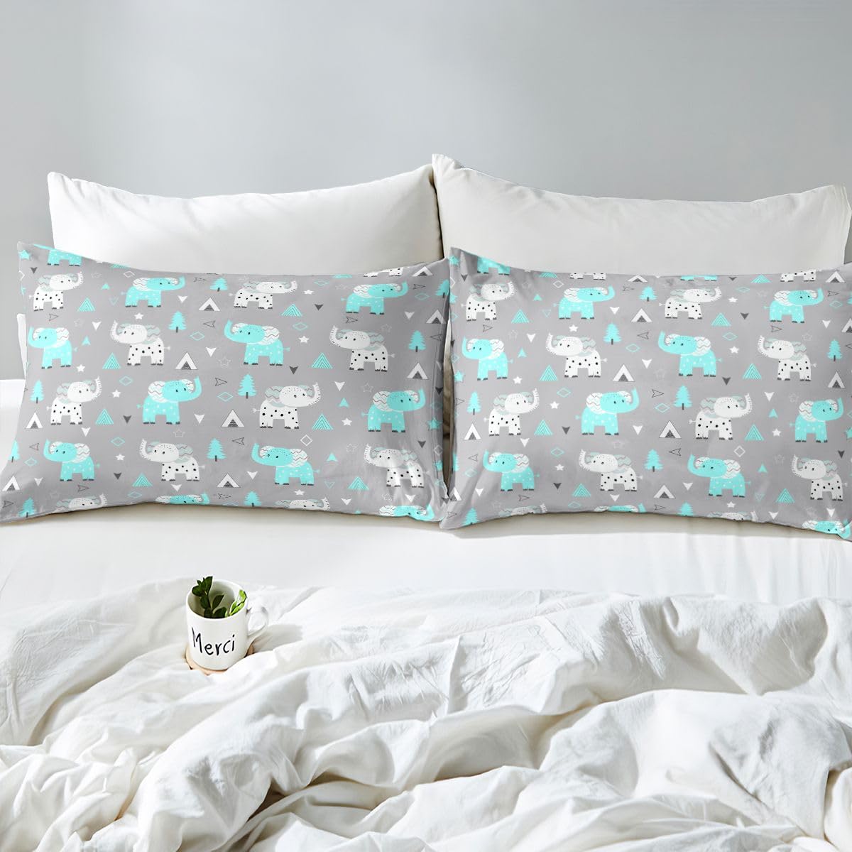 Erosebridal Cartoon Elephant Bed Sheets Full | Zoo Animal Sheet Set for Kids Boys Girls Wildlife Sheets Kawaii Animals Geometric Flat Fitted Sheet 3 Pcs