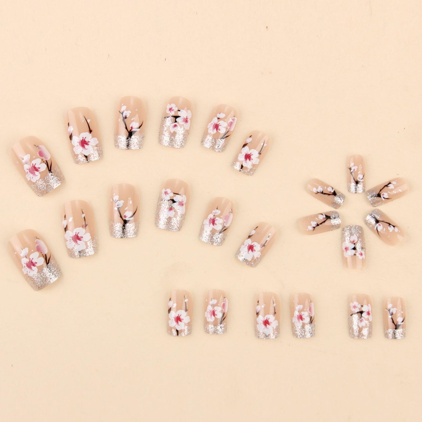 Medium Press on Nails Square Fake Nails with Nude Pink Peach Silver Glitter Designs Acrylic Glue on Nails Press ons Flower Glossy Full Cover Stick on Nails for Women 24 Pcs