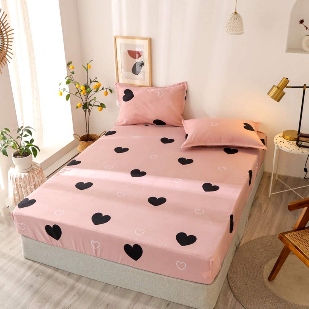 Girls Cute Heart Pattern Fitted Sheet for Kids Twin Size Lovely Pink Black Bedroom Decor Bed Sheet Set Girly Cartoon Love Geometric Bedding Set Children Modern Design Bed Cover with 1 Pillow Case