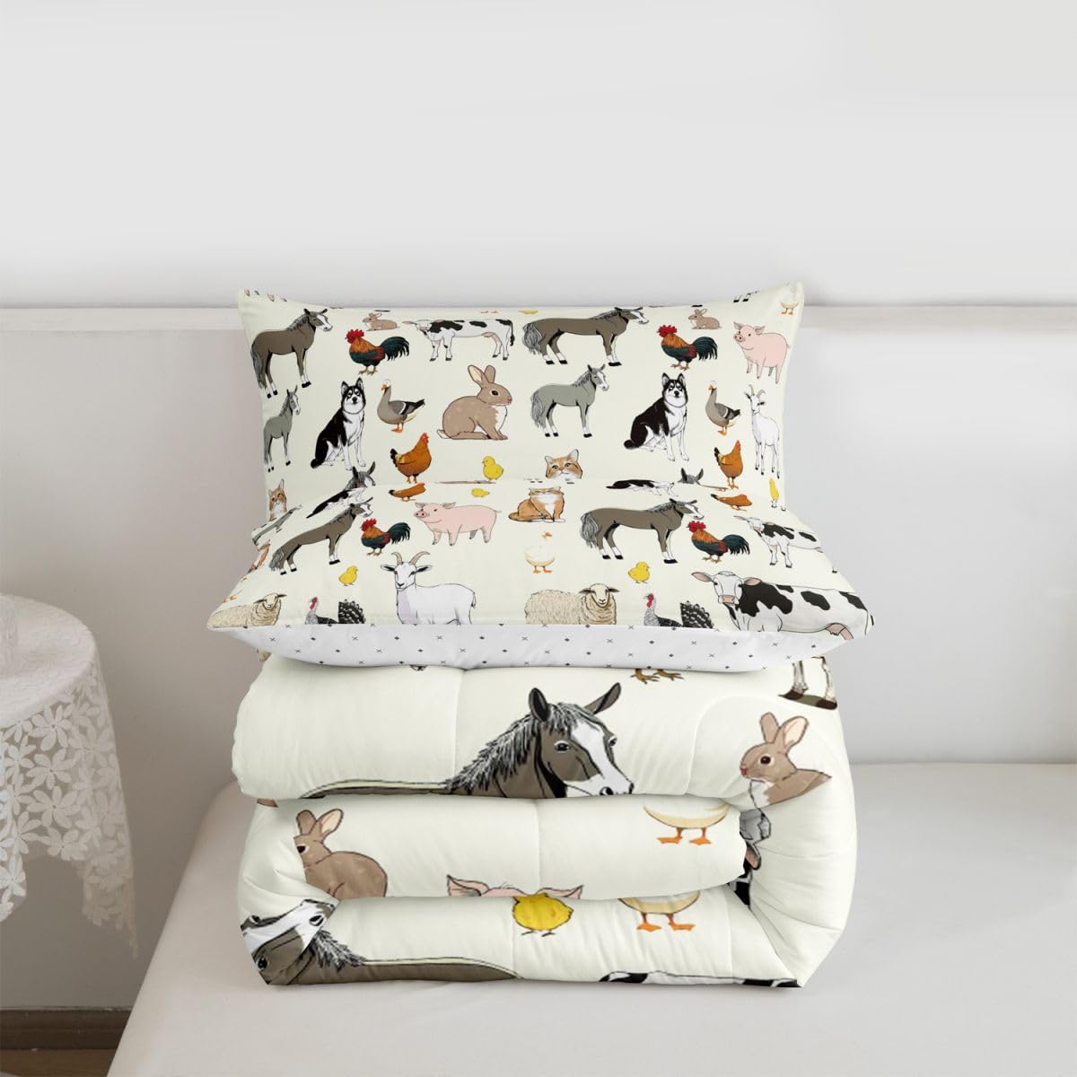 Feelyou Beige Farm Animal Comforter Set Toddler Size Cute Animal Bedding Set for Kids Boys Girls Farm Theme Duvet Quilt Cartoon Bedroom Decor 2 Pcs with 1 Pillow Cases