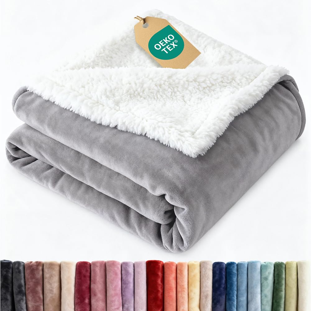 Sherpa Fleece Blanket Throw Size - Reversible Sherpa Fleece Throw Blanket - Super Soft Double Sided for Bed, Sofa, Couch - Thick, Warm, Fuzzy & Plush - Luxurious Bedding for Winter - Grey, 50" x 60"